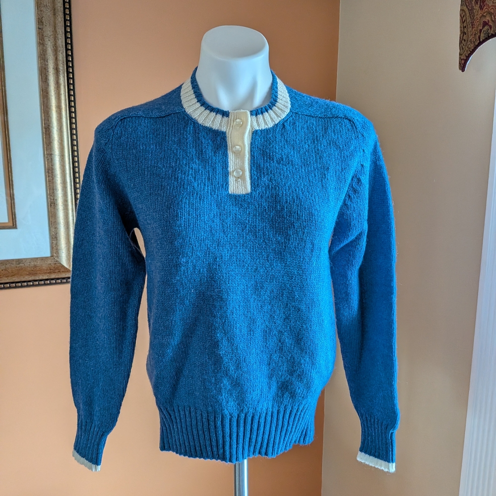 Vintage Ashley Teal Crewneck Sweater with Cream Trim Zealand Wool Size M